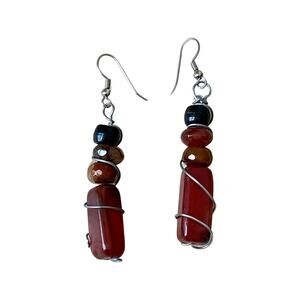 Vintage Handmade Agate Drop Pierced Earrings, Red Gemstone Hook Earrings